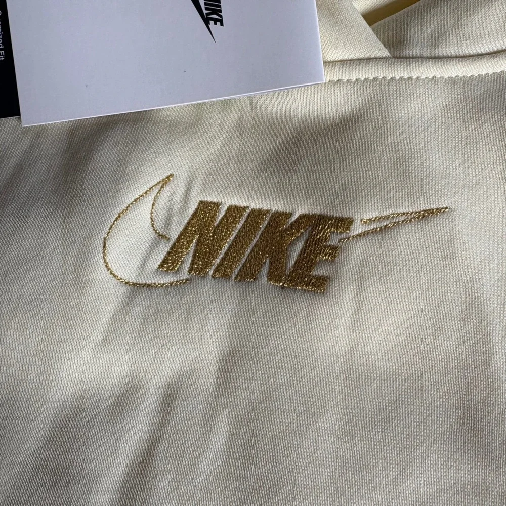 Nike Kids Youth XL Oversized Fit Hoodie Cream Gold Metallic Logo Long Length